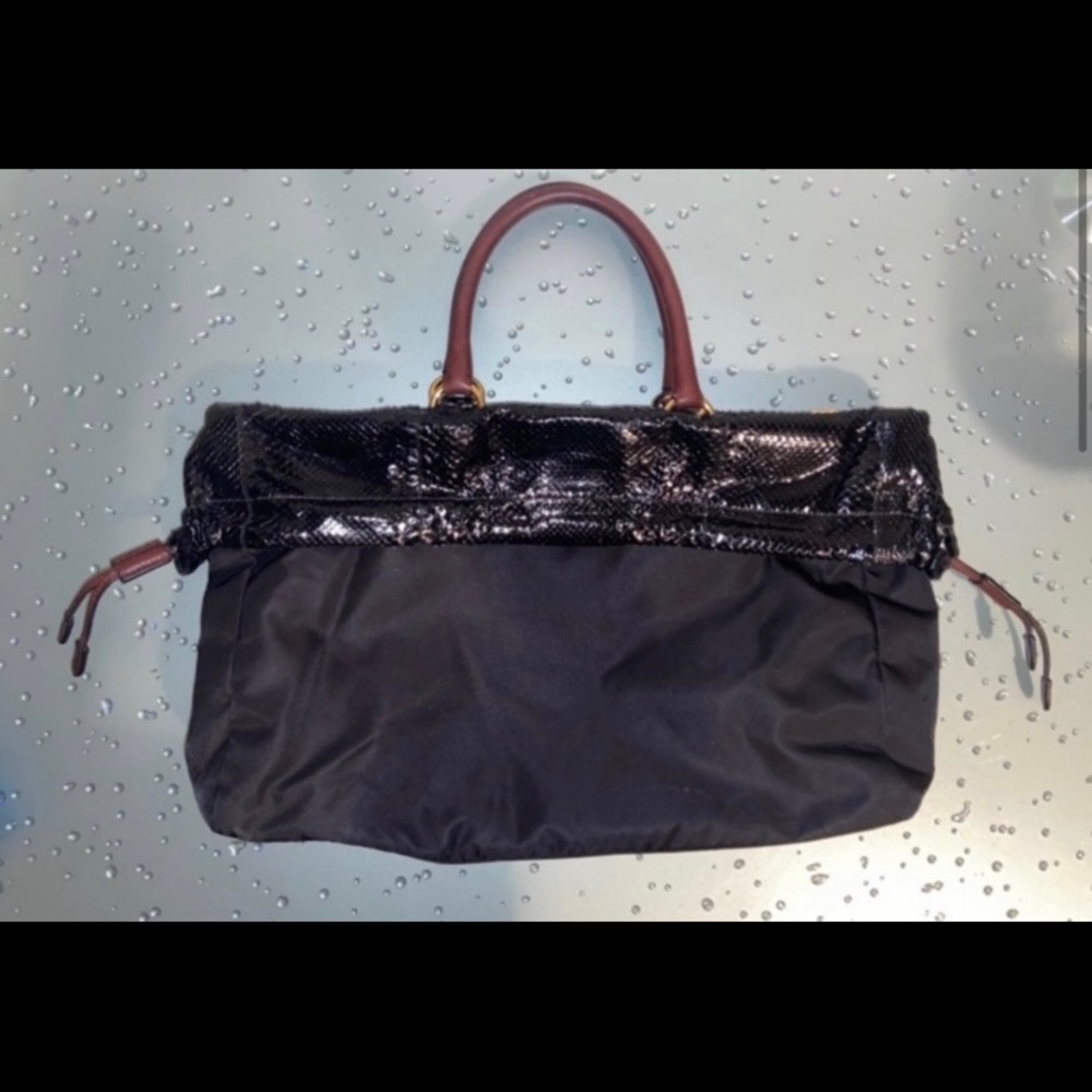Prada Black Leather Snake Skin & Nylon Handbag Excellent Condition View 2